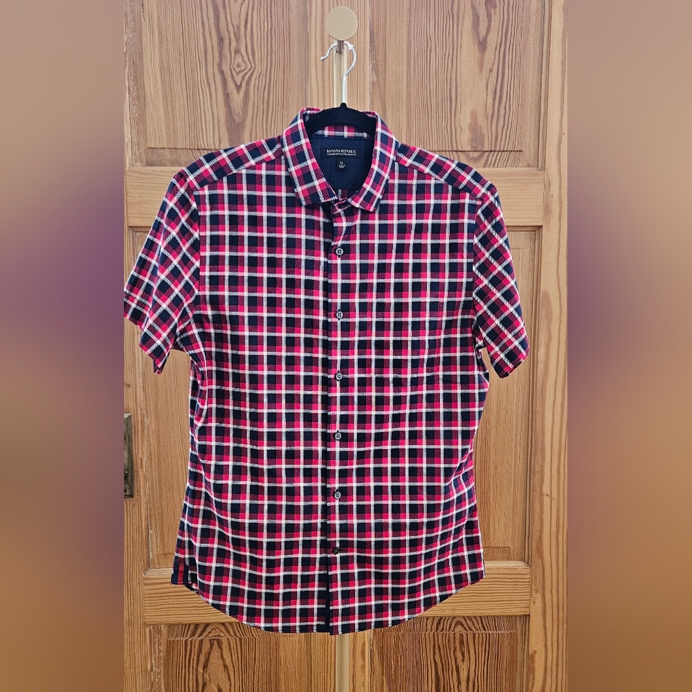 Banana Republic Plaid Short Sleeve Button Up Tailored Slim Fit Size Med